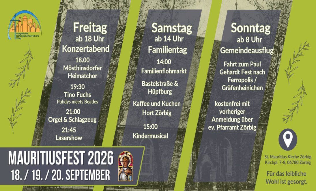 Programmplakat Mauritiusfest 2026 in Zörbig, 18. bis 20. September